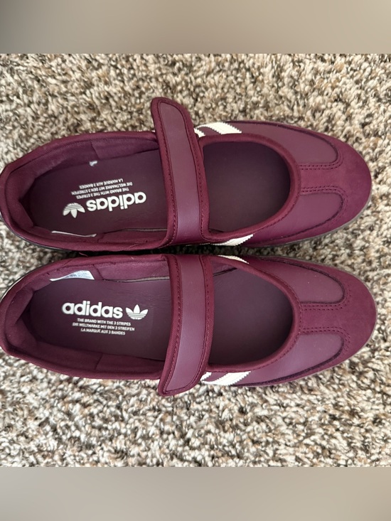 adidas Shoes - adidas Maroon Mary Jane Flats with White Stripes